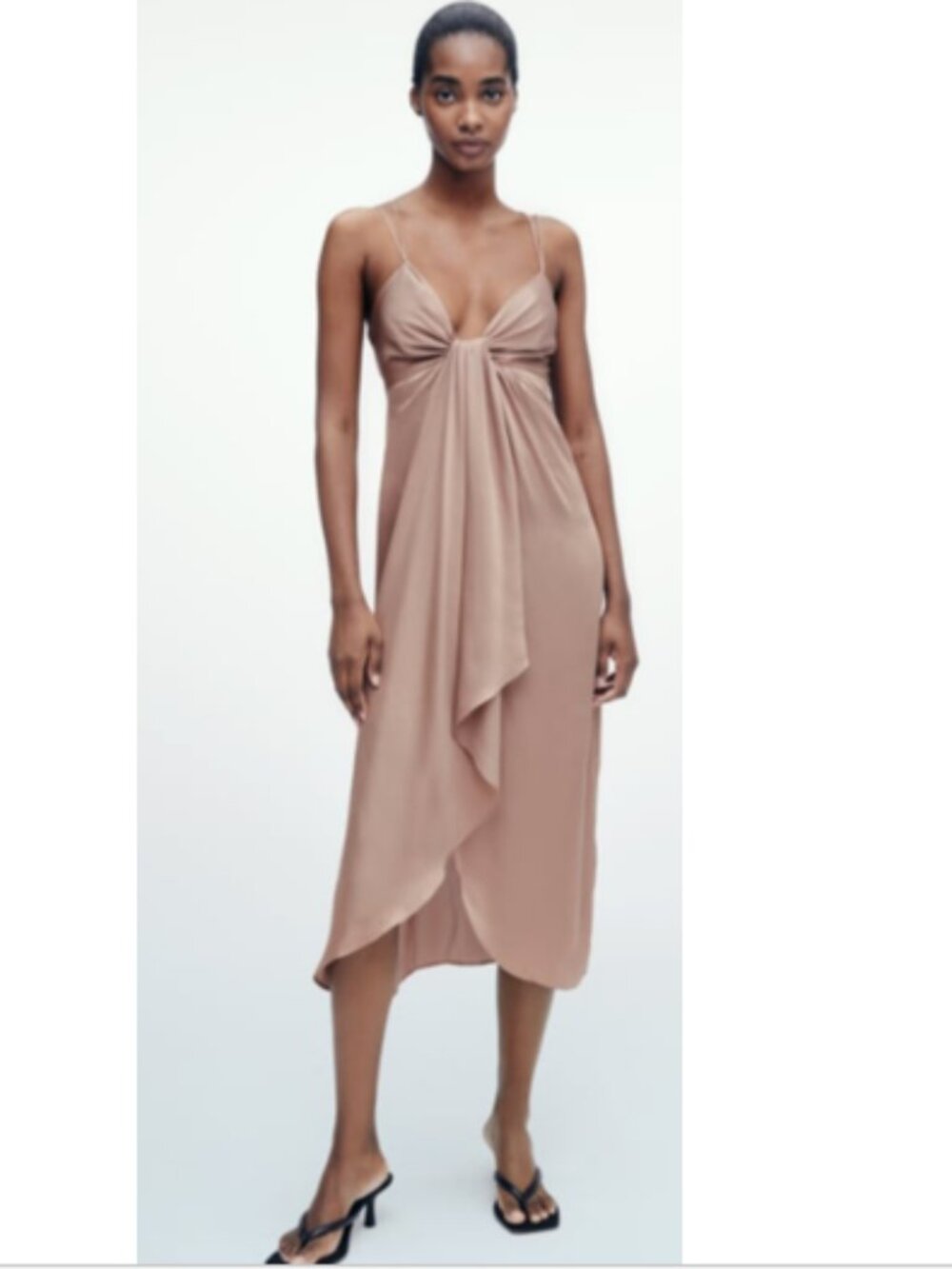 MWT Zara Silky Strap Detail Tie-Front Midi Dress - Taupe Sz XS